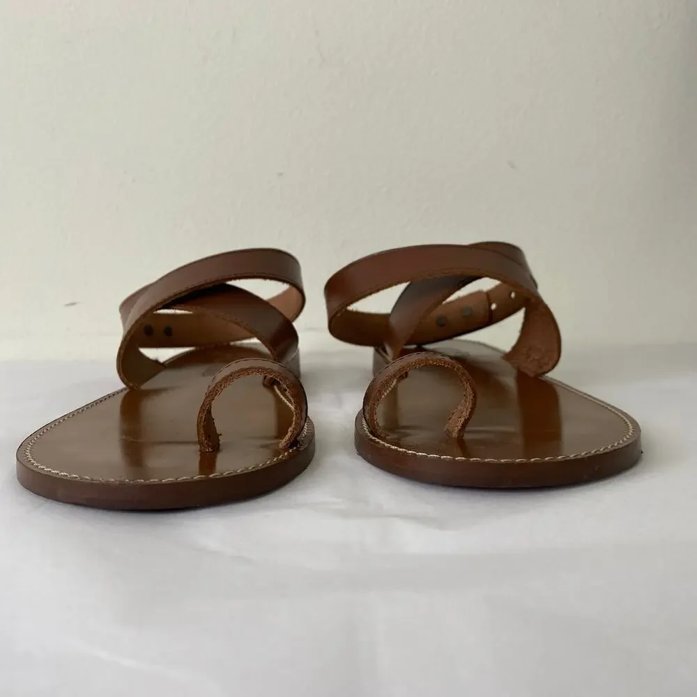 J.Crew Leather Ankle Wrap Flat Sandals Pecan Brown Size 10.5